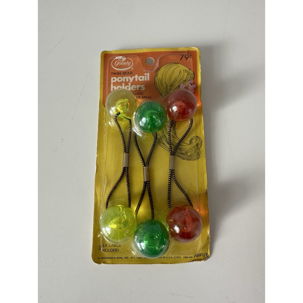 VINTAGE *NEW* 1972 Goody XL Twin Bead Ponytail Holders Elastic Hair Ties #7691/6