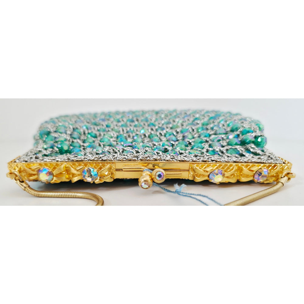 VINTAGE *NEW* 1960's Hand-Made Fancy Beaded Purse Green with Gold Strap