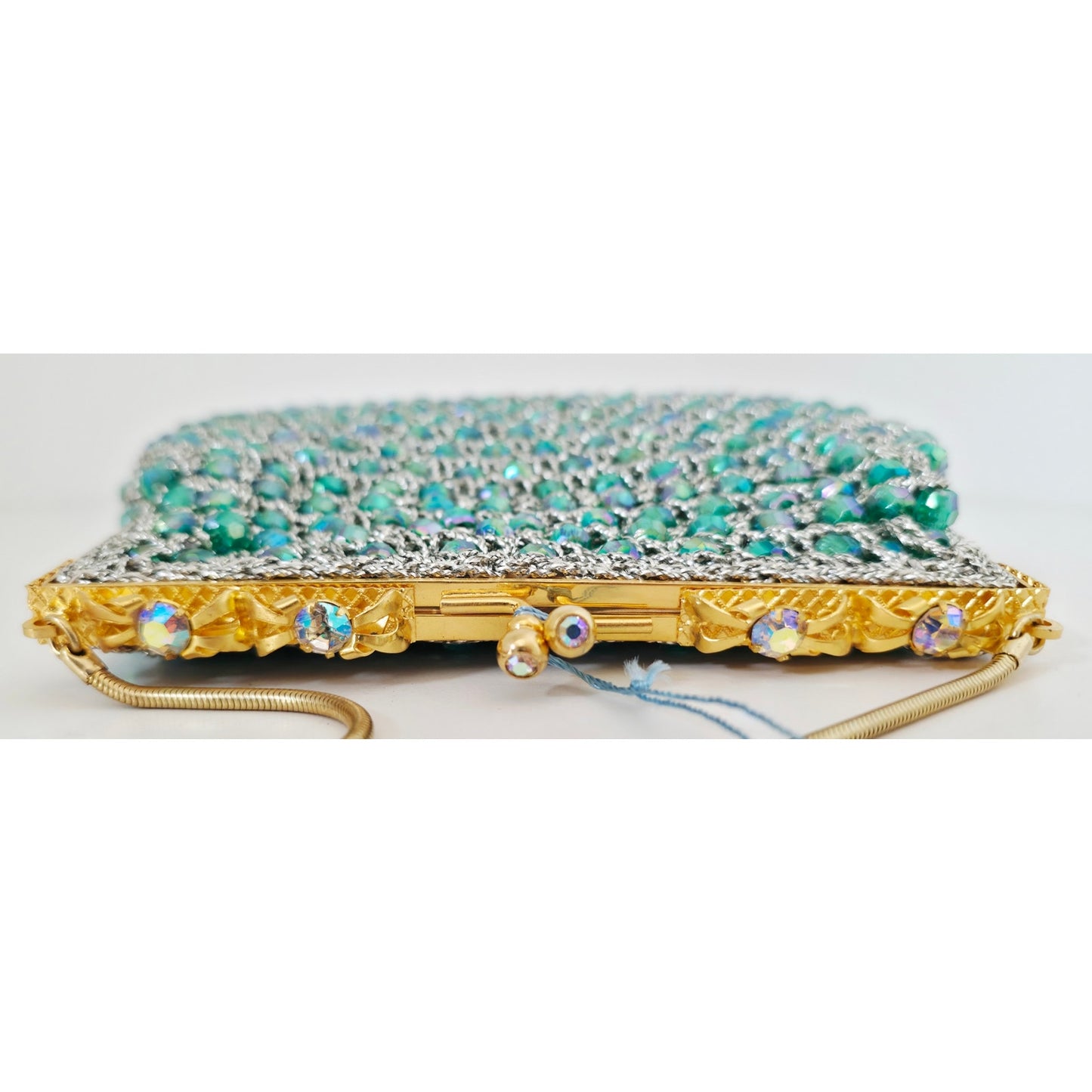 VINTAGE *NEW* 1960's Hand-Made Fancy Beaded Purse Green with Gold Strap