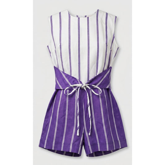 VINTAGE *NEW* 1960's Purple & White Stripe Waist Tie Romper Size 14 Japan