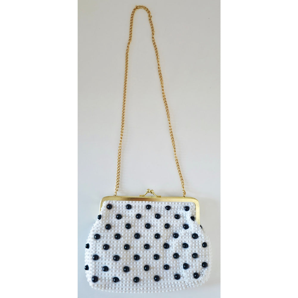 VINTAGE *NEW* 1950's White and Black Beaded Clutch Purse with Gold Chain