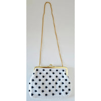 VINTAGE *NEW* 1950's White and Black Beaded Clutch Purse with Gold Chain
