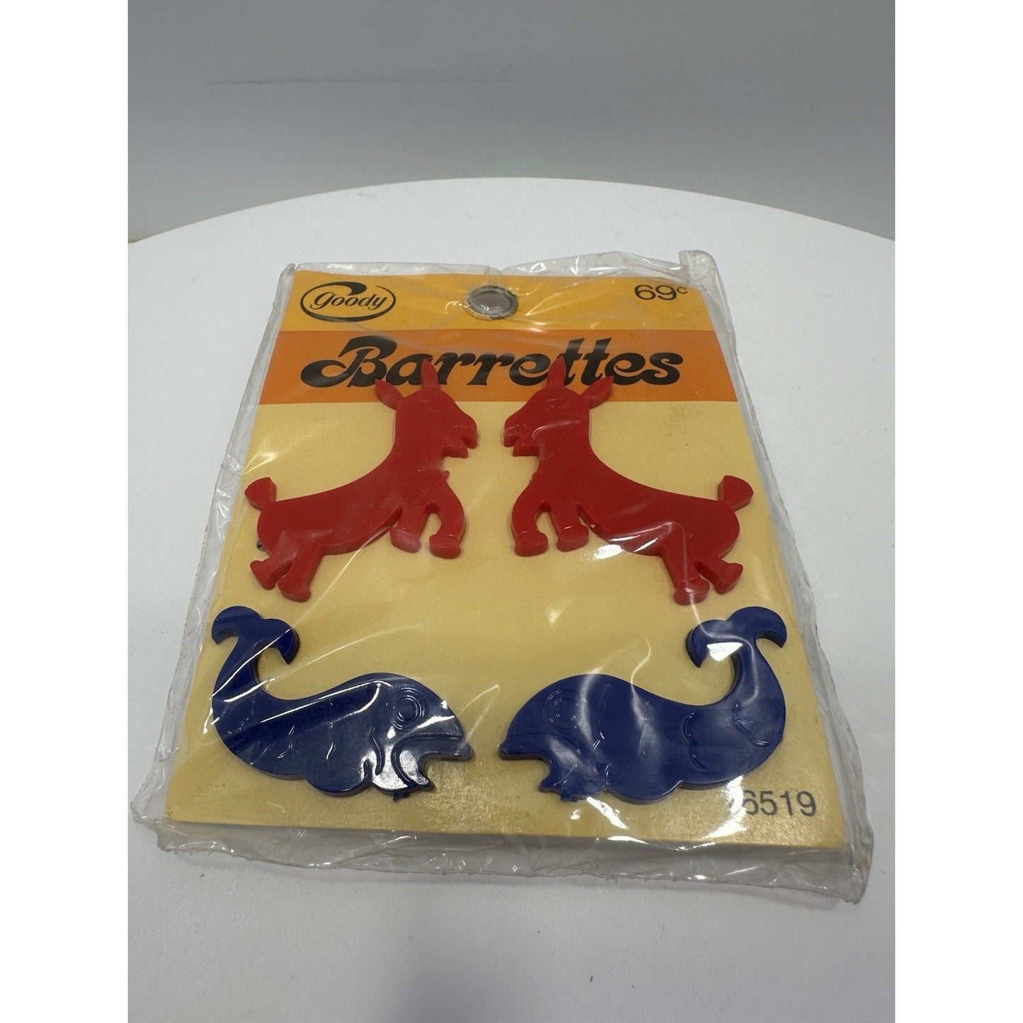 VINTAGE *NEW* 1975 Goody 6519 Barrettes w/Donkeys and Whales Rd/Bl
