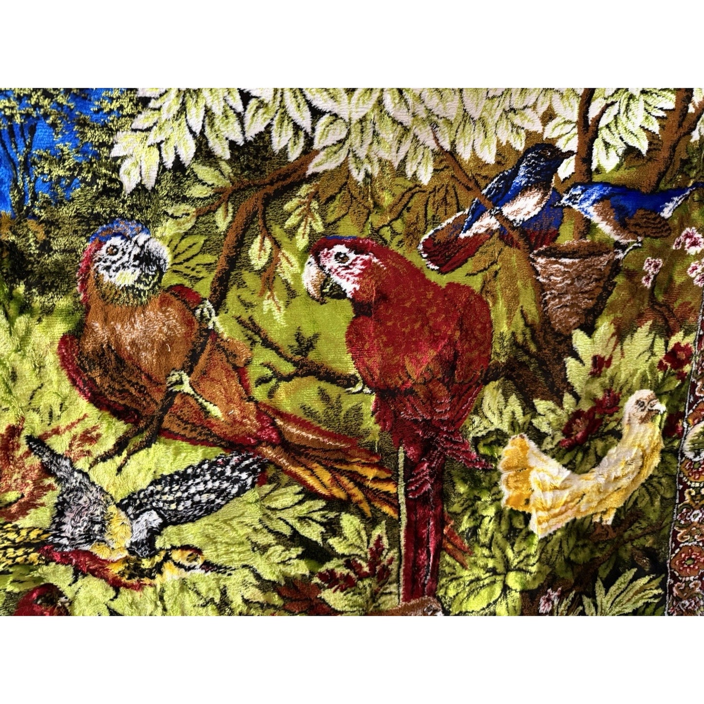 VINTAGE *PRISTINE* 1960's "Parrots in The Forest" Lebanese Velvet Tapestry