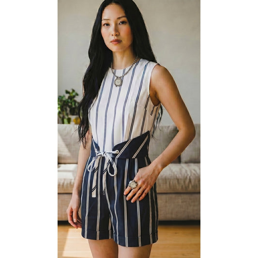 VINTAGE *NEW* 1960's Black & White Striped Waist Tie Romper Size 16 Japan
