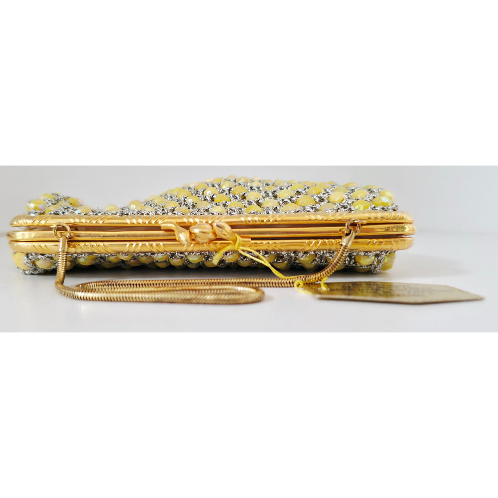 VINTAGE *NEW* 1960's Hand-Made Fancy Beaded Purse Yellow with Gold Strap