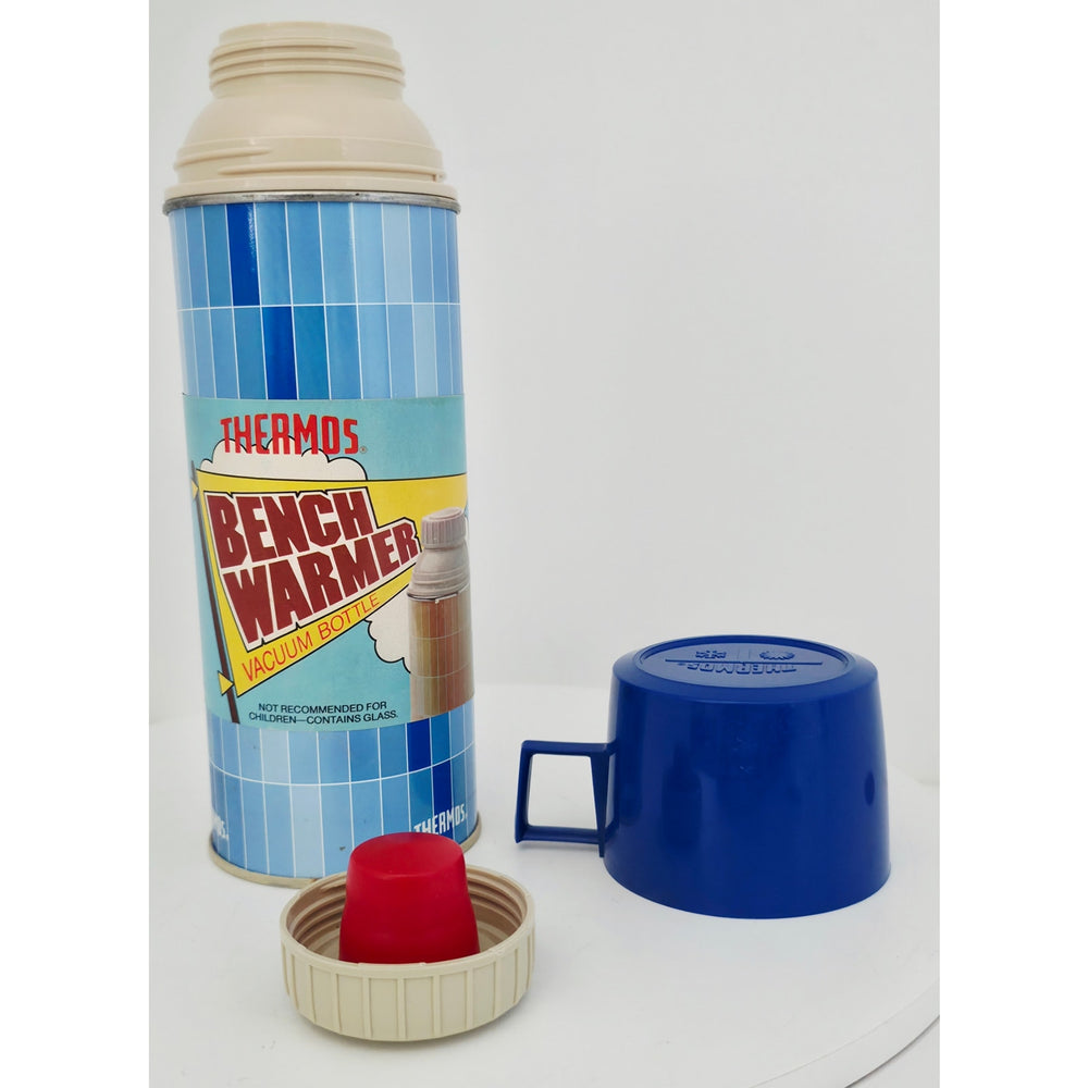 VINTAGE *NEW* 1970's Benchwarmer Thermos Blue Striped  Vacuum Bottle 14.4oz USA
