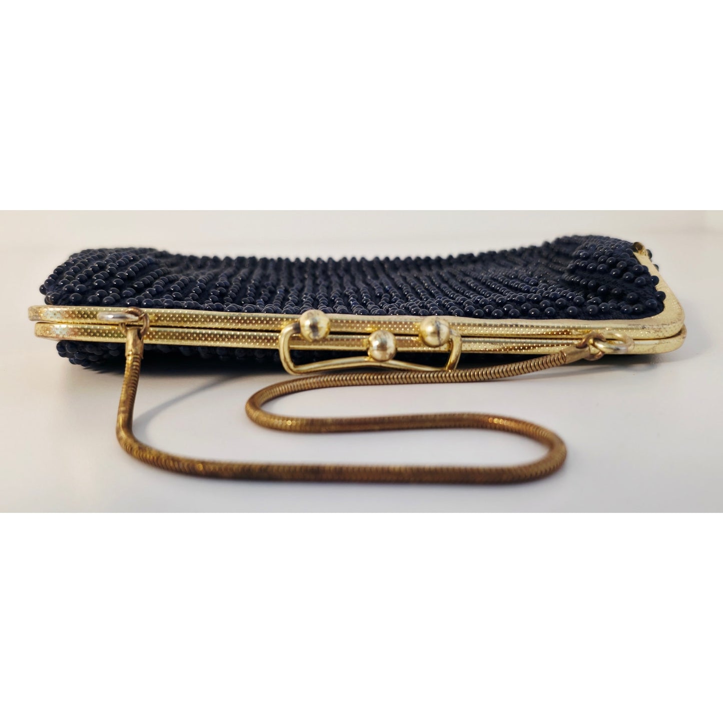 VINTAGE *NEW* 1960's Fancy Beaded Purse Dark Blue with Bronze Strap