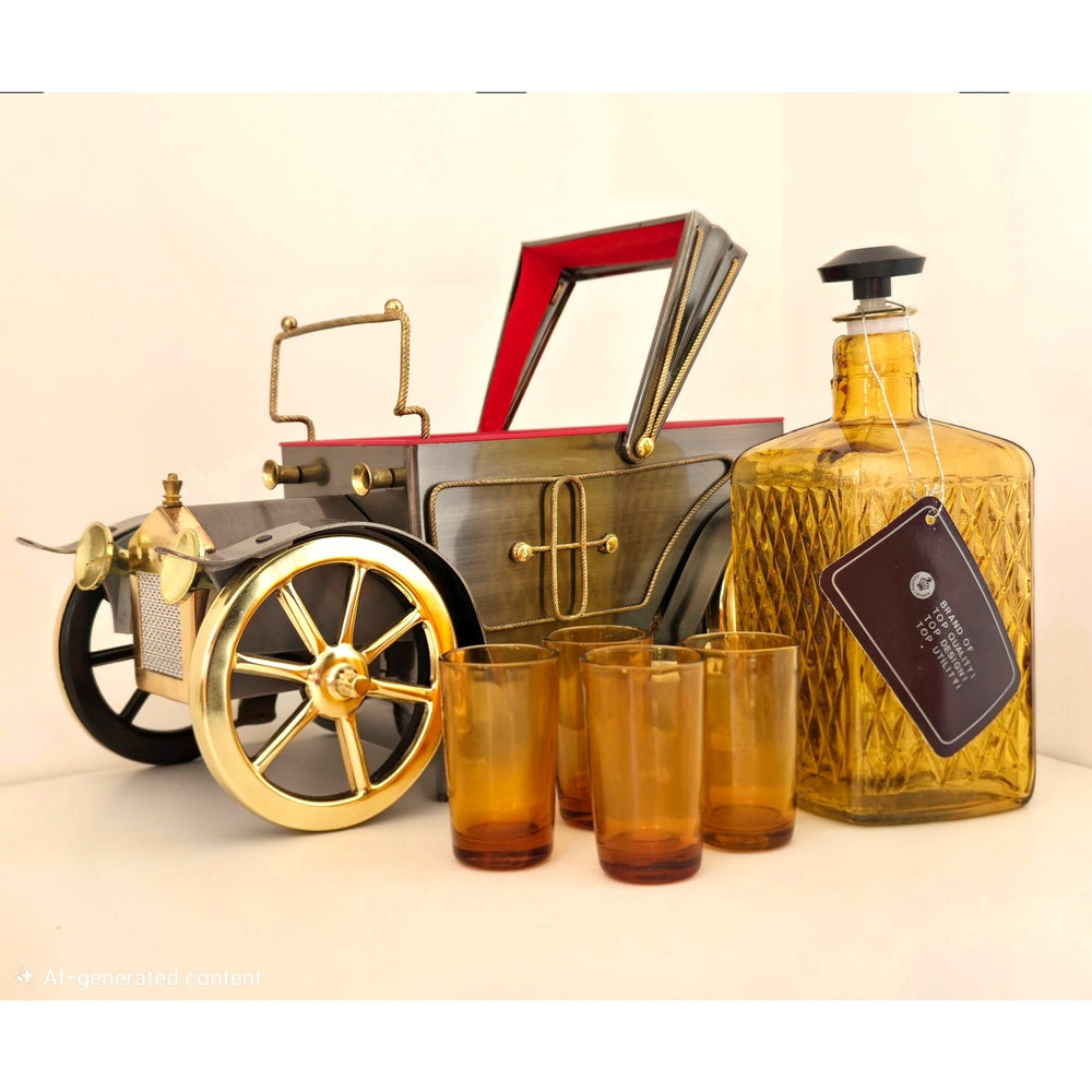 VINTAGE *NEW* 1950's Decanter Music Box Ford Antique Car with 4 Shot Glasses
