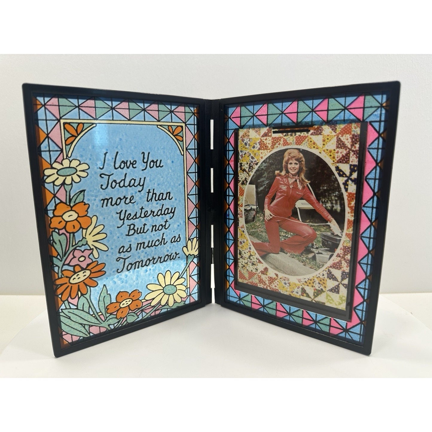 VINTAGE *NEW* 1960's Stained Glass Rememberance Folding Picture Frame