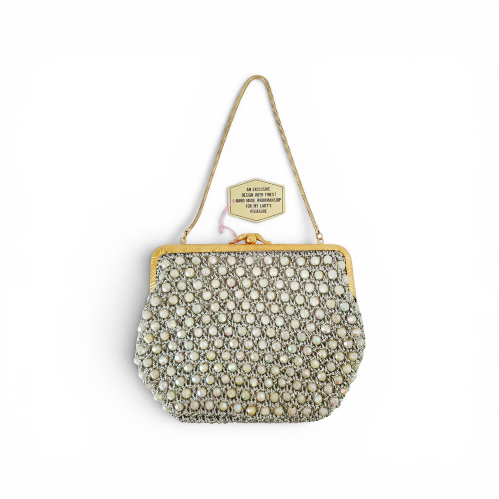 VINTAGE *NEW* 1960's Hand-Made Fancy Beaded Purse White with Gold Strap