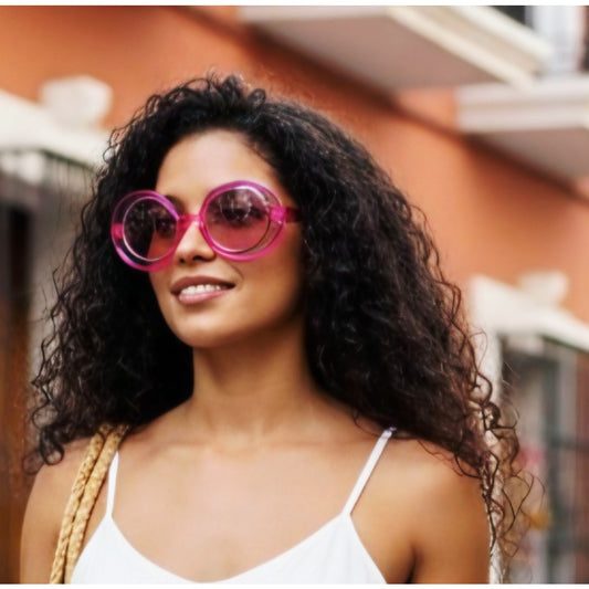 VINTAGE *NEW* 1970's Glam Unisex Sunglasses Pink Round Frame with Pink Lens