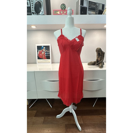 VINTAGE *NEW* 1960's Kayser Slip Real Red Size 36 100% Nylon w/ Lace Trim