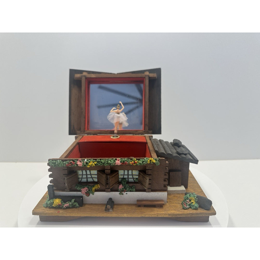 VINTAGE 1950's Swiss Chalet Wooden Music Box "Raindrops Keep Falling On My Head"