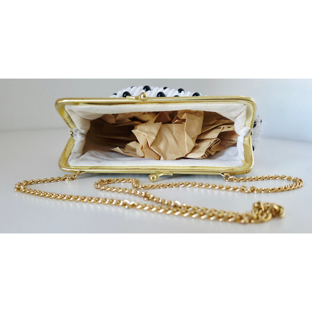 VINTAGE *NEW* 1950's White and Black Beaded Clutch Purse with Gold Chain