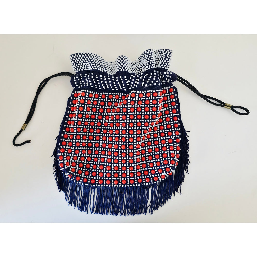 VINTAGE *NEW* 1960's Red, White, Blue Beaded Handbag with Fringe w/Inside Pocket