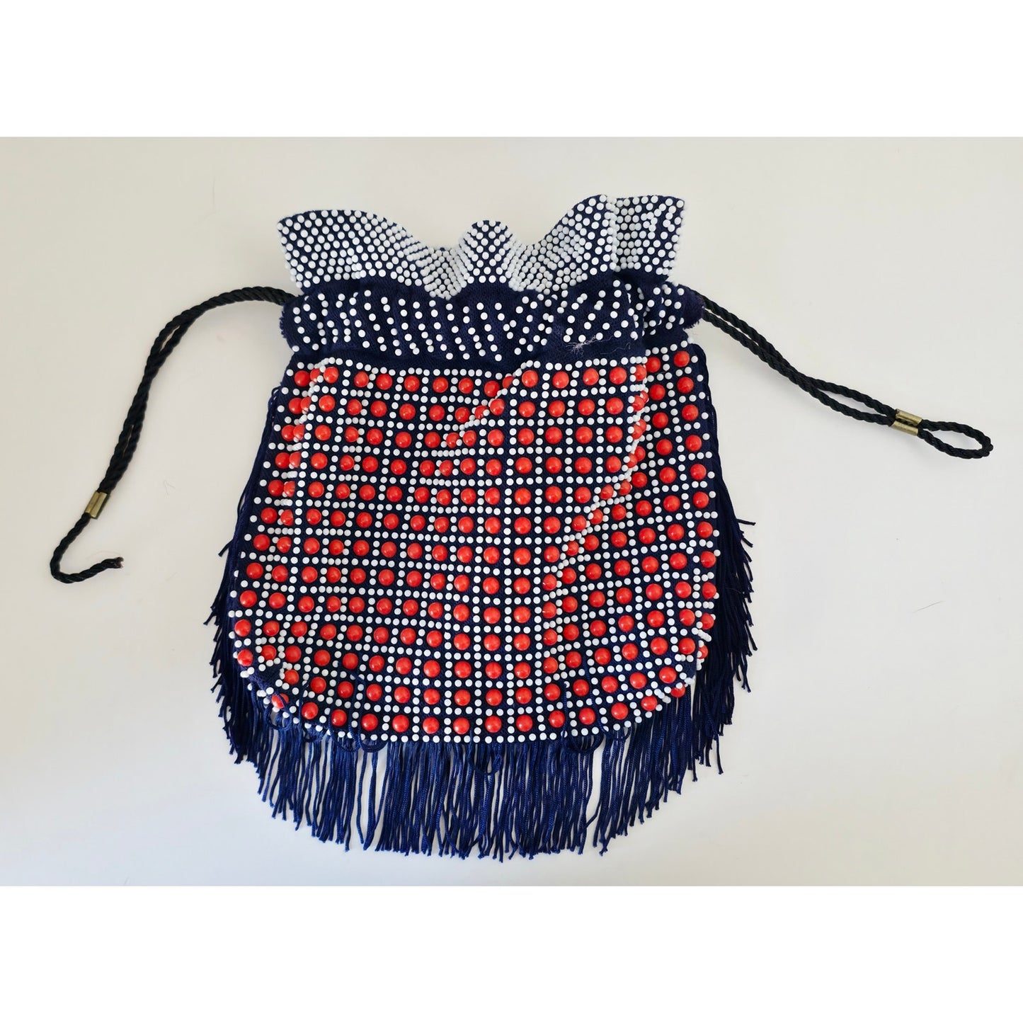 VINTAGE *NEW* 1960's Red, White, Blue Beaded Handbag with Fringe w/Inside Pocket