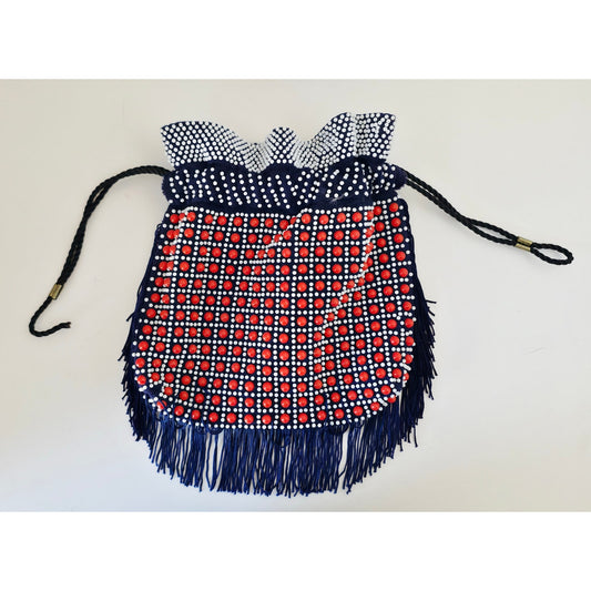 VINTAGE *NEW* 1960's Red, White, Blue Beaded Handbag with Fringe w/Inside Pocket