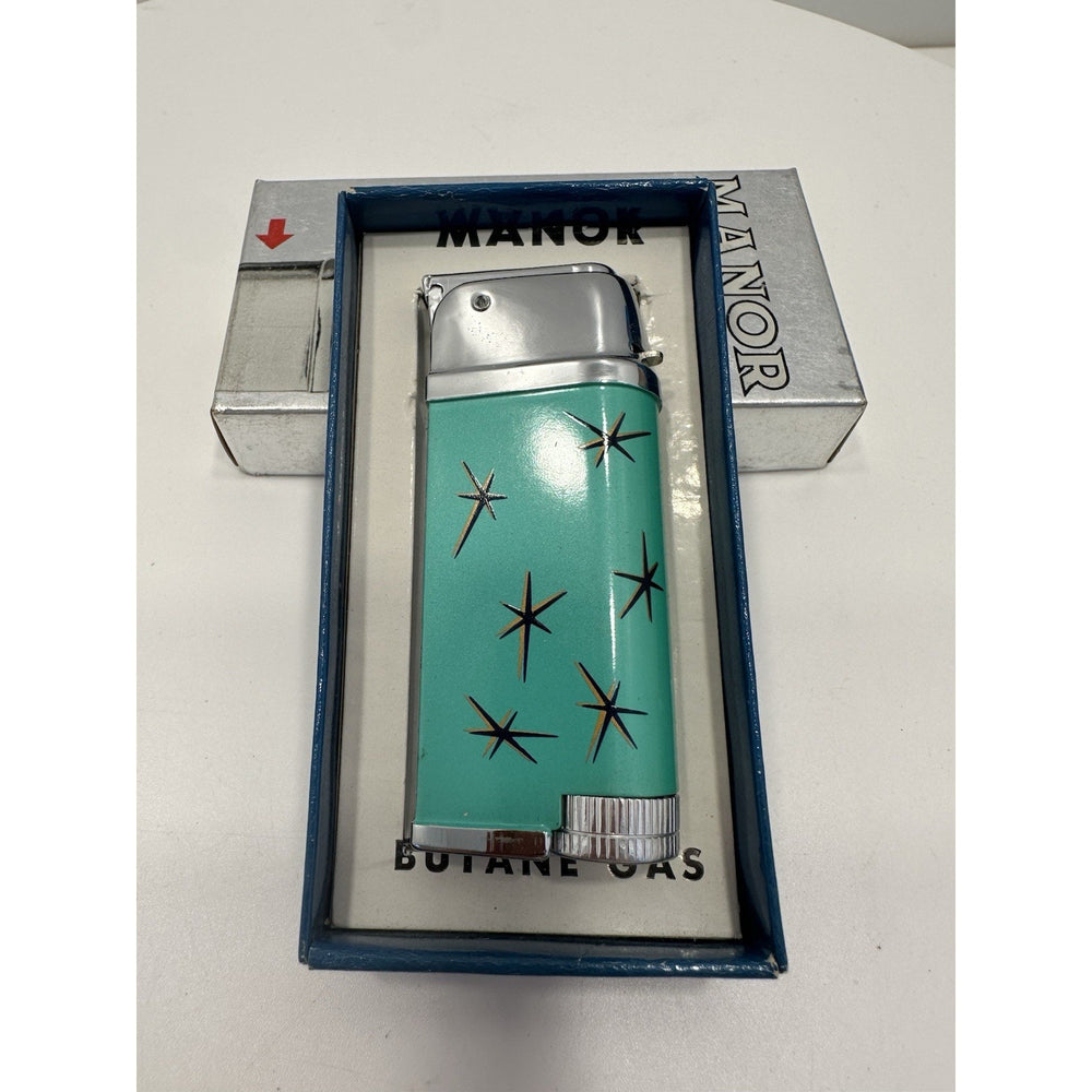 VINTAGE *NEW* 1960's Manor Butane Lighter Aqua w/Stars