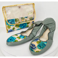 VINTAGE *NEW* 1950's Japanese Blue Rose Floral Folding Shoes with Original Matching Carrying Case