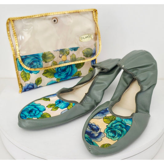 VINTAGE *NEW* 1950's Japanese Blue Rose Floral Folding Shoes with Original Matching Carrying Case