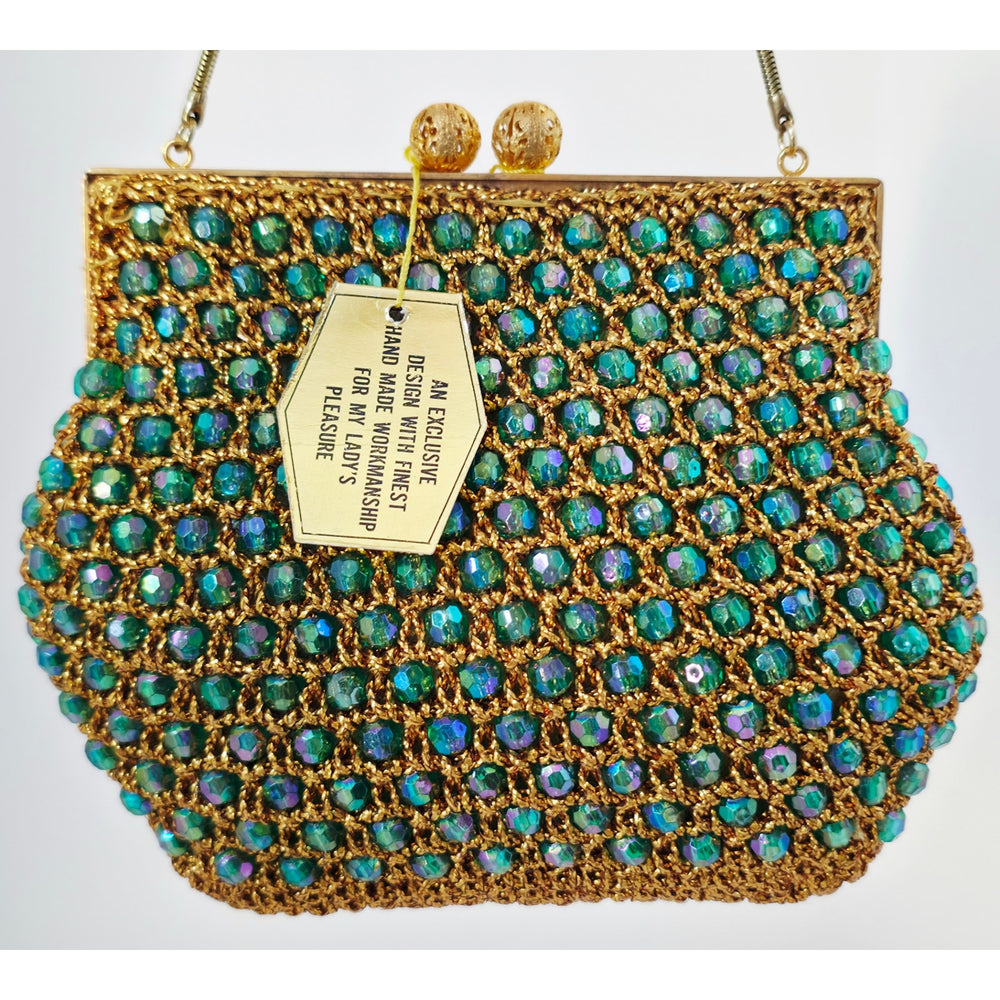 VINTAGE *NEW* 1960's Hand-Made Fancy Beaded Green/Blue Purse with Gold Strap