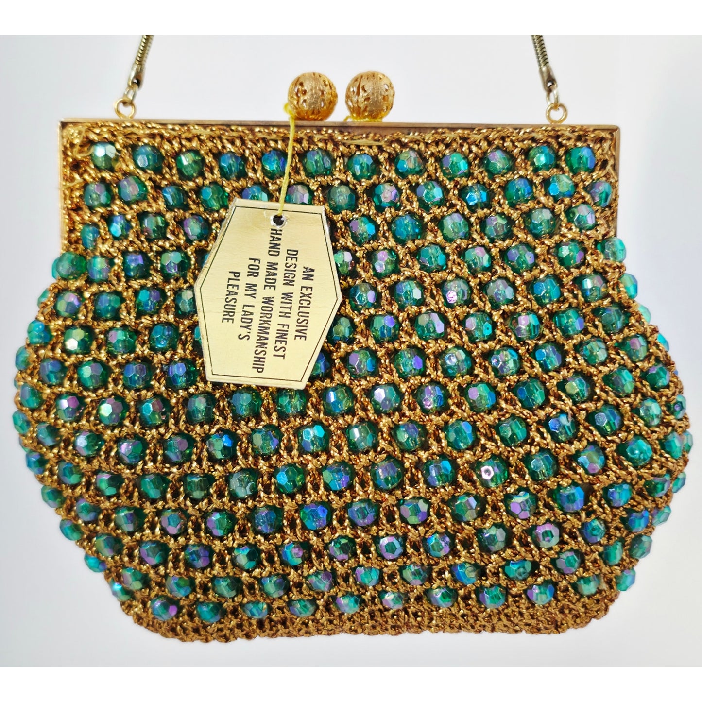 VINTAGE *NEW* 1960's Hand-Made Fancy Beaded Green/Blue Purse with Gold Strap