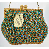 VINTAGE *NEW* 1960's Hand-Made Fancy Beaded Green/Blue Purse with Gold Strap