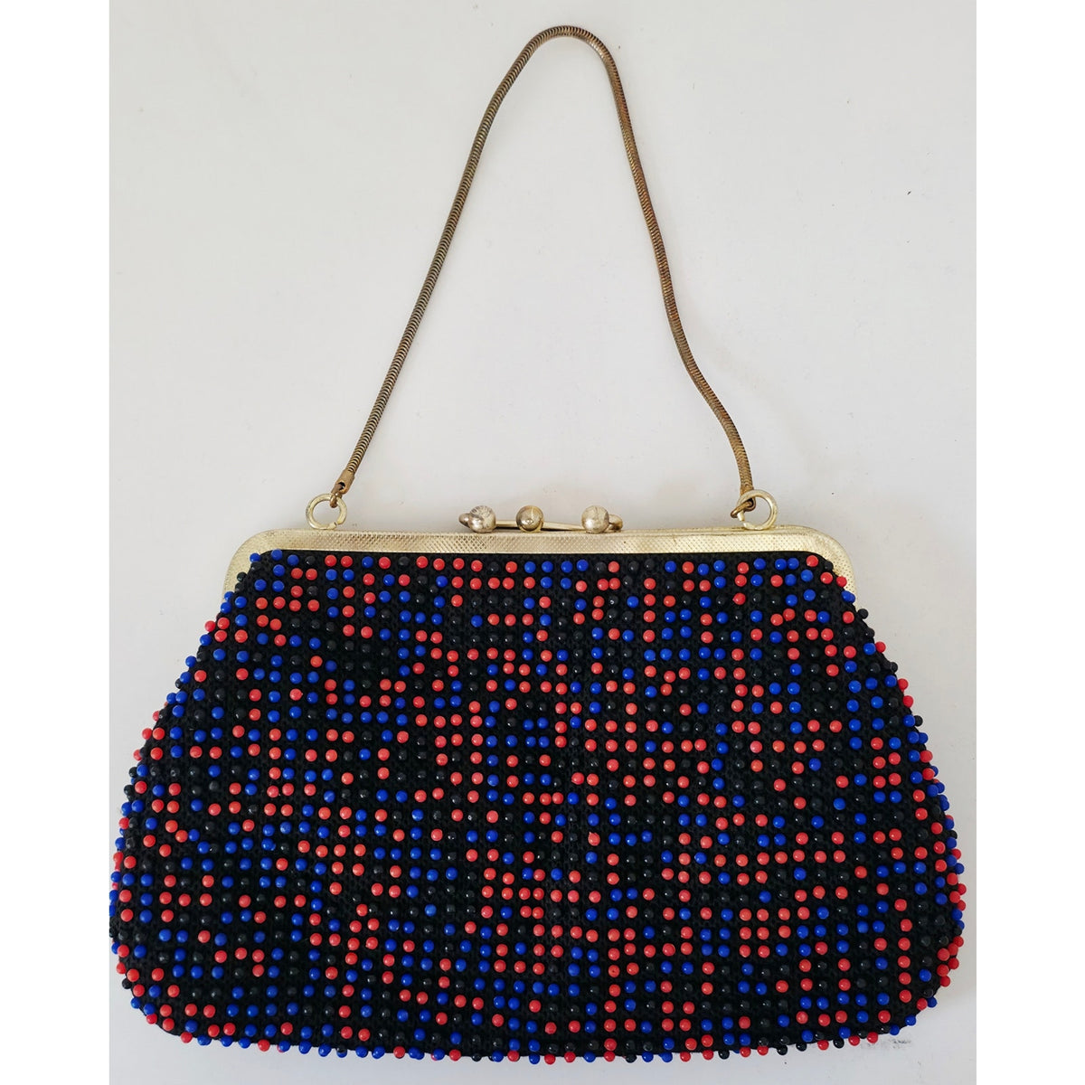 VINTAGE *NEW* 1960's Red and Blue Fancy Beaded Purse with Strap