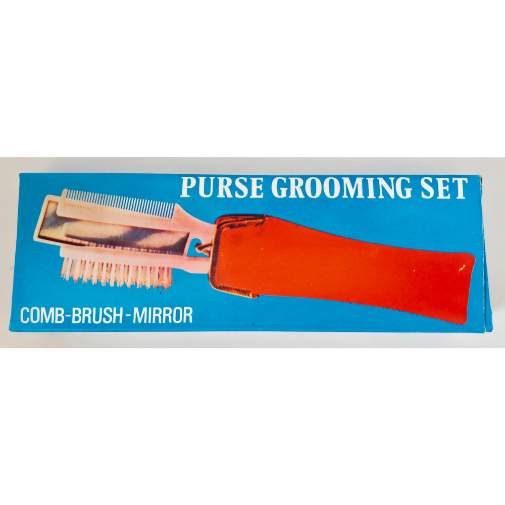VINTAGE *NEW* 1970's Purse Grooming Set Brush Comb Mirror with Red Case