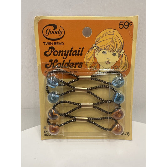 VINTAGE *NEW* 1975 Goody #4688/6 Small Twin Bead Ponytail Holders Set of 4 Bl/Br