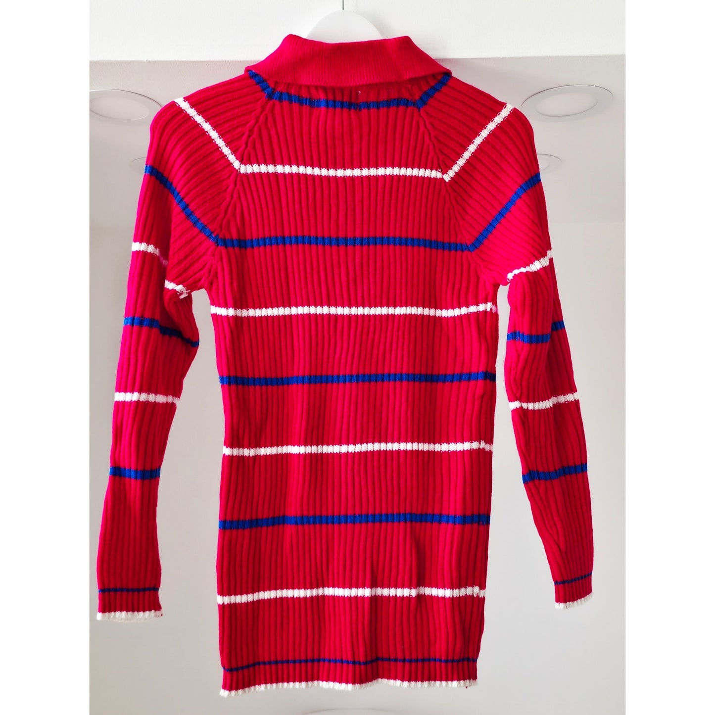 VINTAGE *NEW* 1970's Red Striped Women's Long Sweater 100% Acrylic Knit Size M