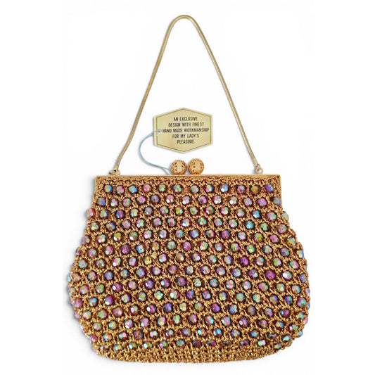 VINTAGE *NEW* 1960's Hand-Made Fancy Beaded Purse Multicolor with Gold Strap