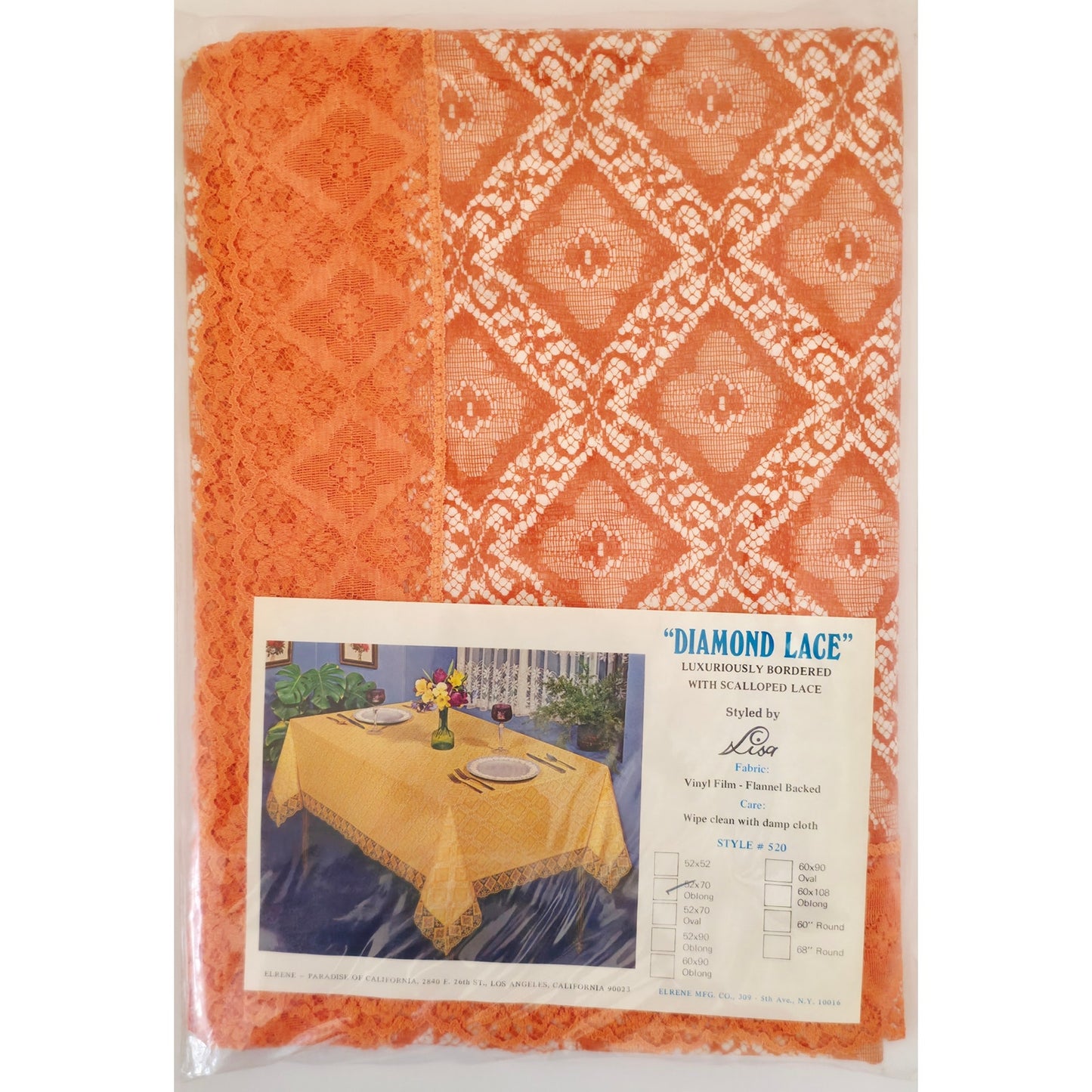 VINTAGE *NEW* Diamond Lace Square 52"X70"" Flannel Back Tablecloth USA - Orange
