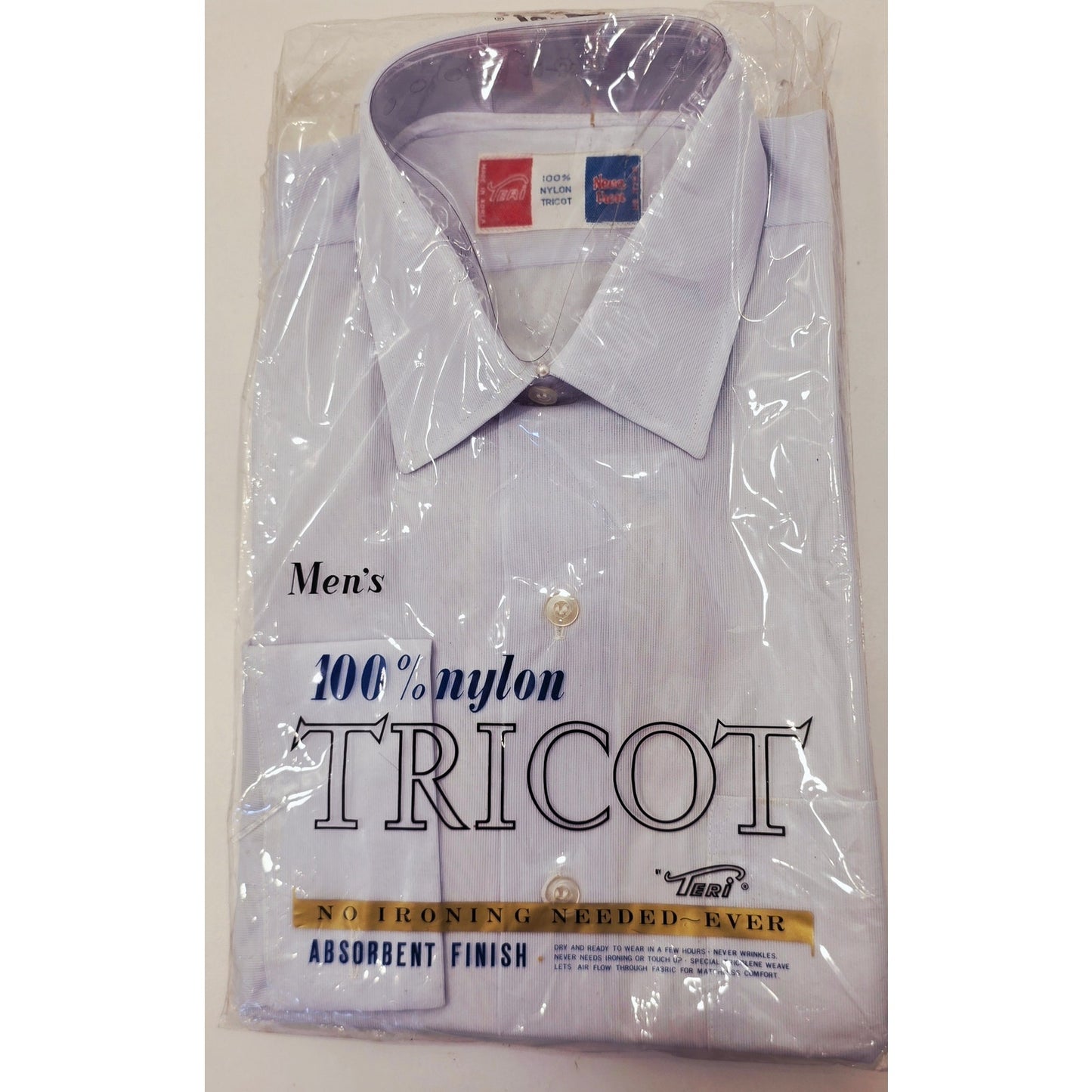 VINTAGE *NEW* 1960's Teri Men's Light Blue Neva Iron Shirt 100% Nylon Sz 15-32