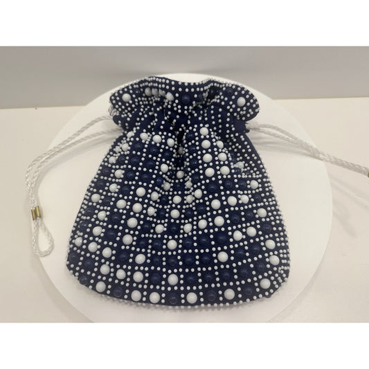 VINTAGE *NEW* 1970's Hand-Beaded Cinch Purse in Navy with White Beads