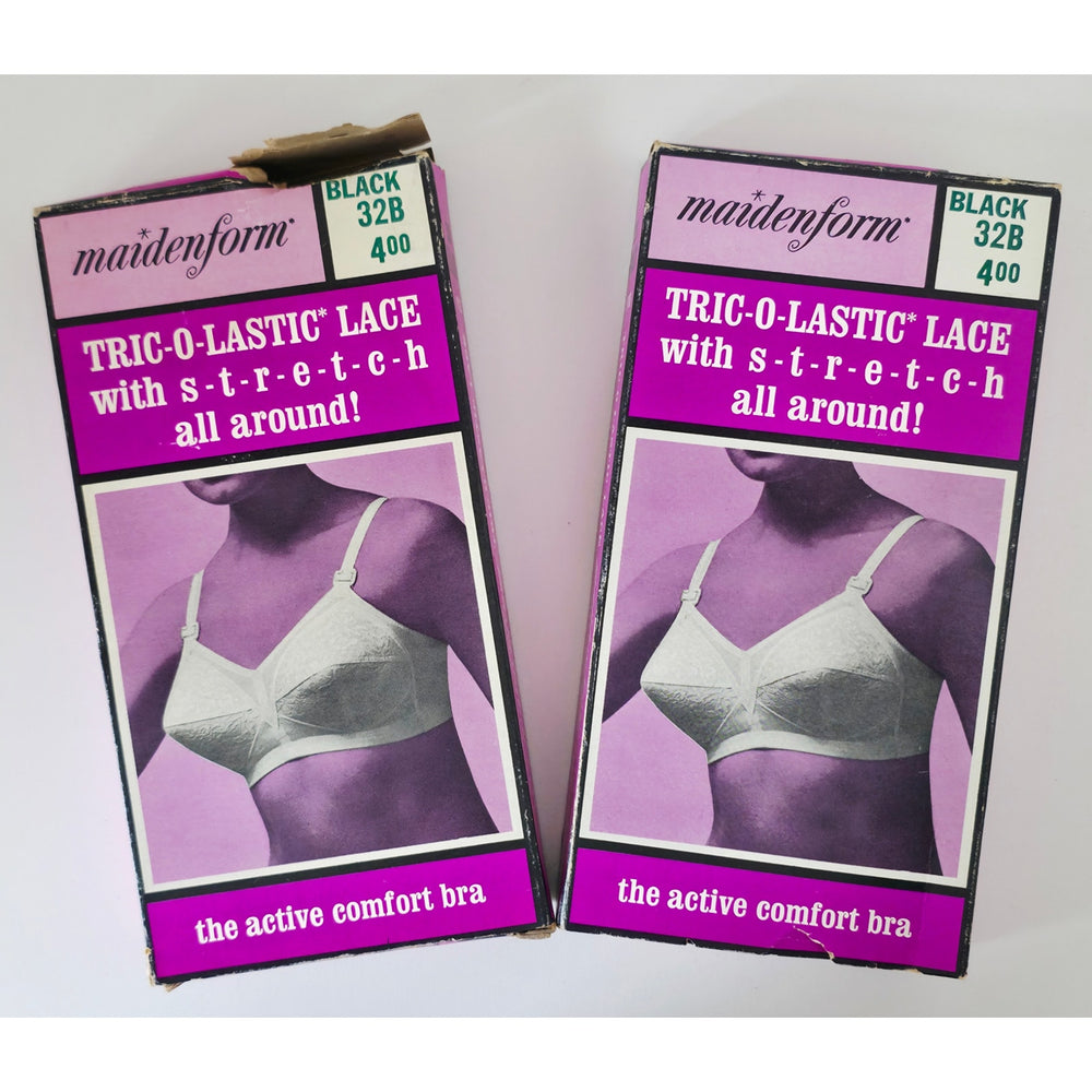 VINTAGE *NEW* 1970's Maidenform P7136 Tricolastic Lace Stretch Black Bra 32 B Set of 2