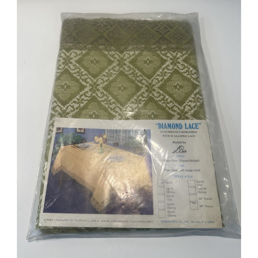 VINTAGE *NEW* 1950's Elrene Scalloped Tablecloth 52"x52" Green Diamond Lace USA