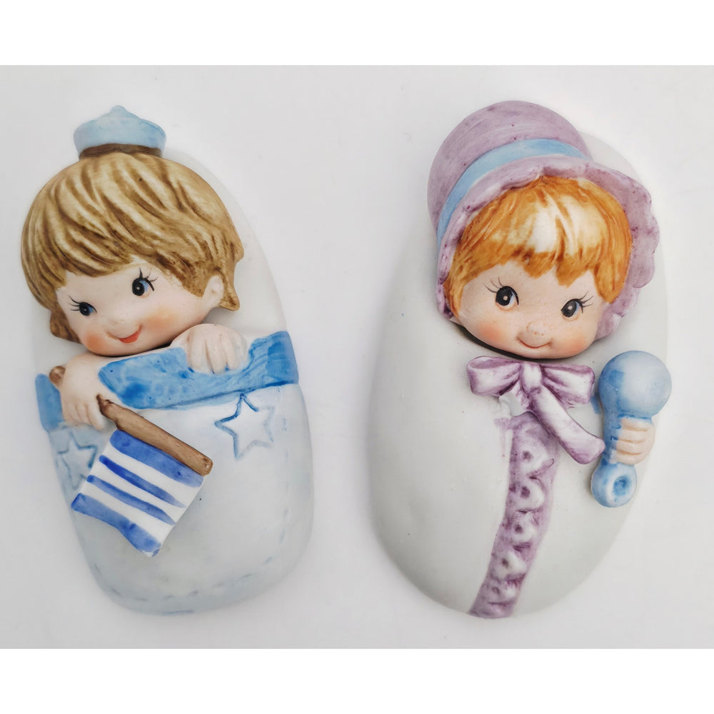 VINTAGE *NEW* 1960's Baby Boy and Girl in Blanket Christmas Ornaments Set of 2
