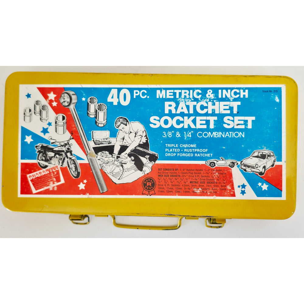 VINTAGE *NEW* 1970's 40 Piece Metric and Inch Rachet Socket Set Triple Chrome