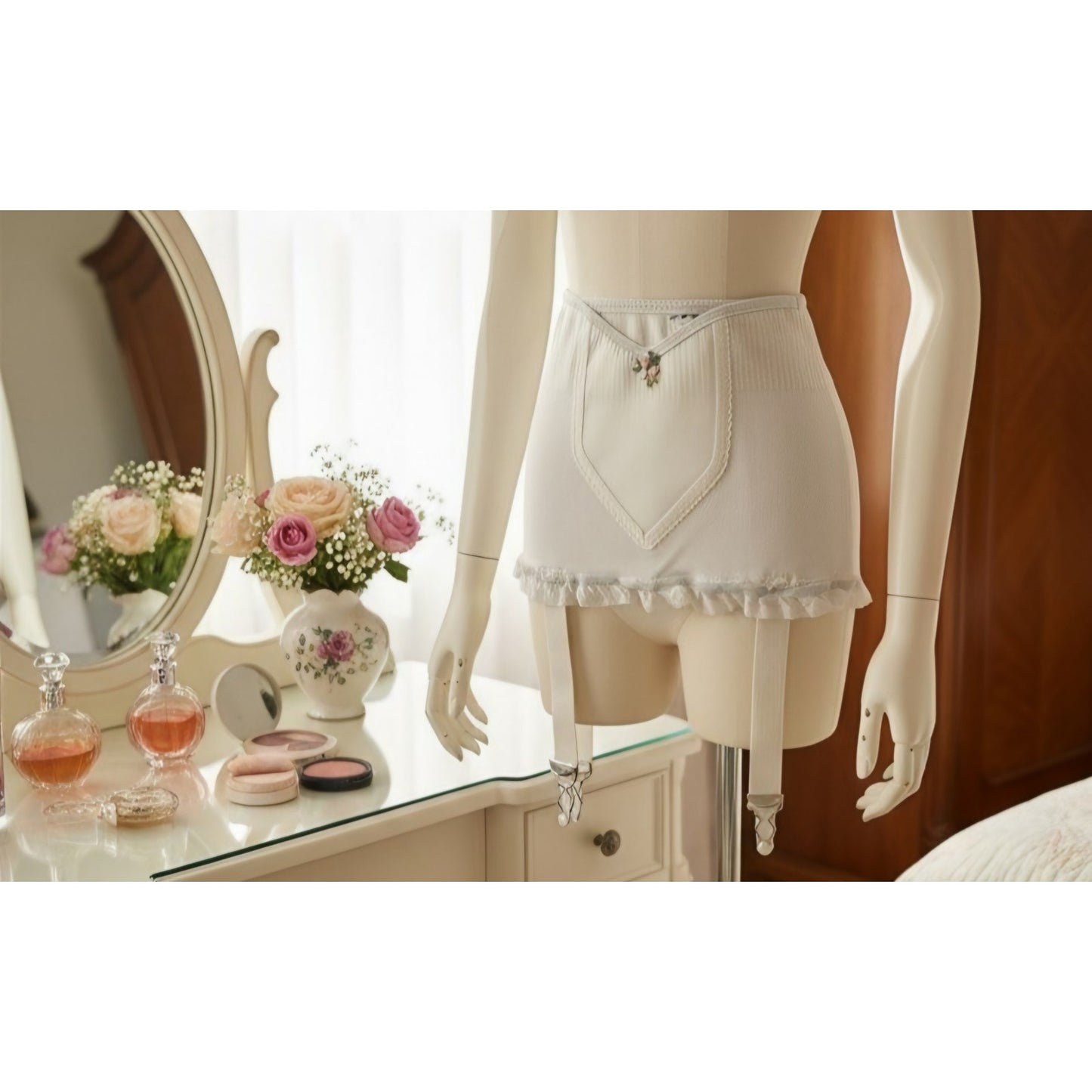 VINTAGE *NEW* 1950's Women's Cream w/Lace Trim Girdle Garter Belt Size S (24)