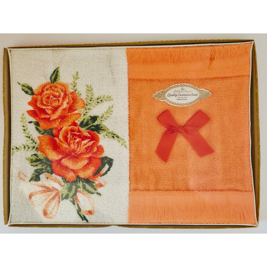 VINTAGE *NEW* 1960's Golden Crown Decorative Guest Towels Orange w/Flowers Set 2