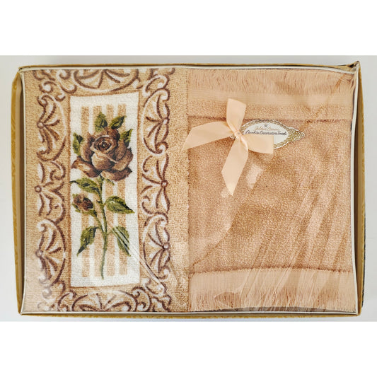 VINTAGE *NEW* 1960's Golden Crown Decorative Guest Towels Brown w/Flowers Set 2