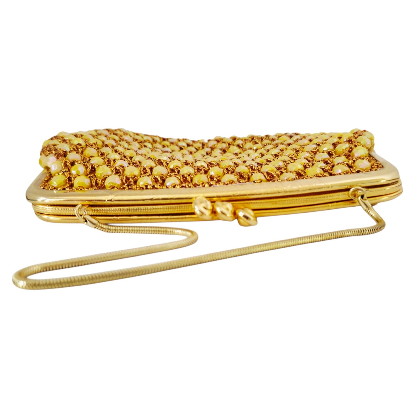 VINTAGE *NEW* 1960's Hand-Made Fancy Beaded Purse Yellow with Gold Strap