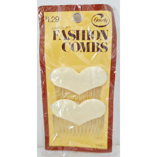VINTAGE *NEW* 1975 Goody #8051 Heart Shaped Kant-Slip Fashion Combs Set of 2 White USA