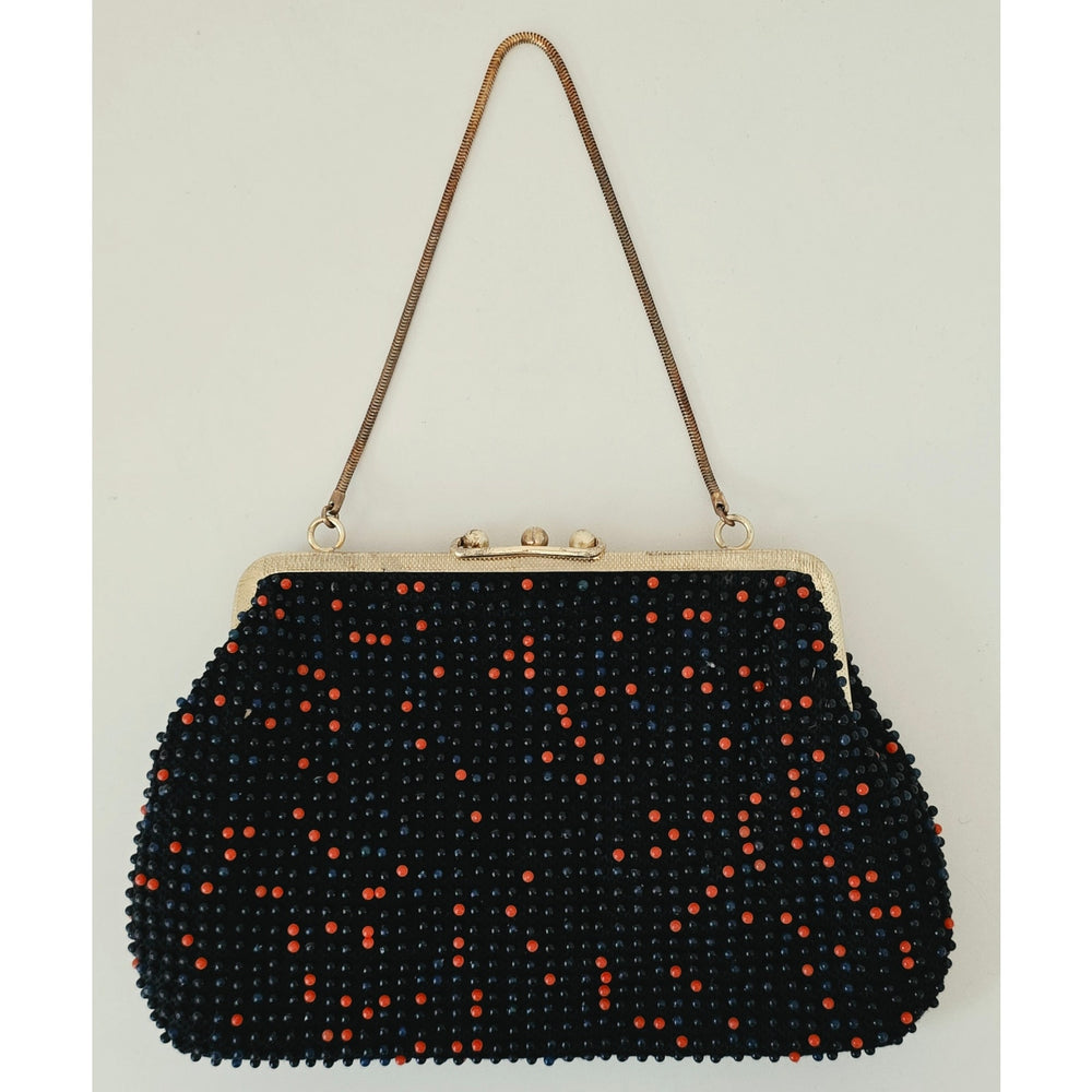 VINTAGE *NEW* 1960's Safco Black and Red Fancy Beaded Purse with Strap