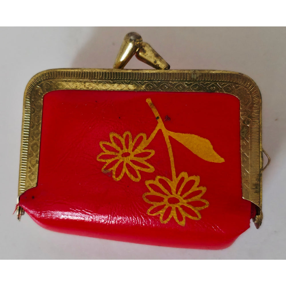 VINTAGE *NEW* 1960's Red with Gold Flowers and Inside Mirror Change Purse