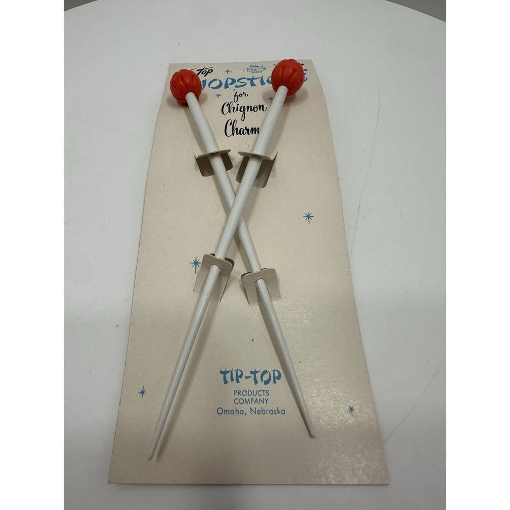 VINTAGE *NEW* 1970's Tip Top Hair Chignon Charm ChopSticks White/Red