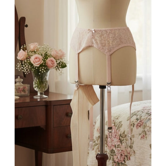 VINTAGE *PRISTINE* 1960's Maidenform Women's Light Pink Lace Garter Belt Size 28