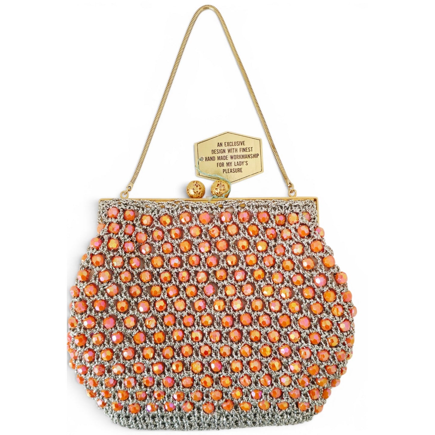 VINTAGE *NEW* 1960's Hand-Made Fancy Beaded Purse Orange & Pink with Gold Strap